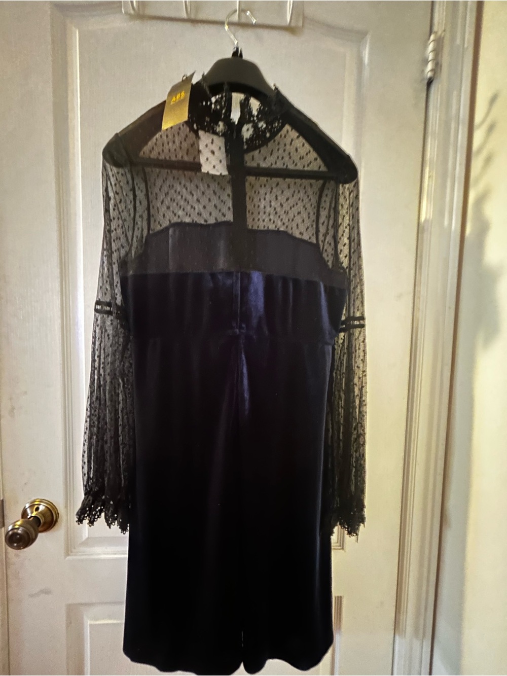 Elegant purple Velvet Long-Sleeve Dress with Sheer Dot Lace Yoke